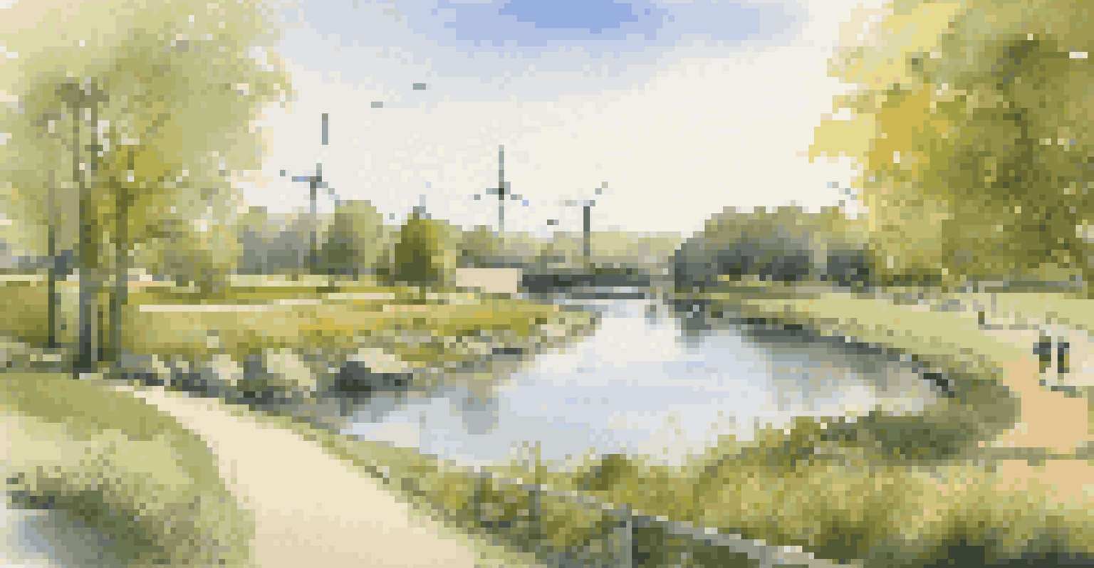 A green infrastructure project with solar panels and wind turbines near a river, featuring a walking trail and people enjoying nature.