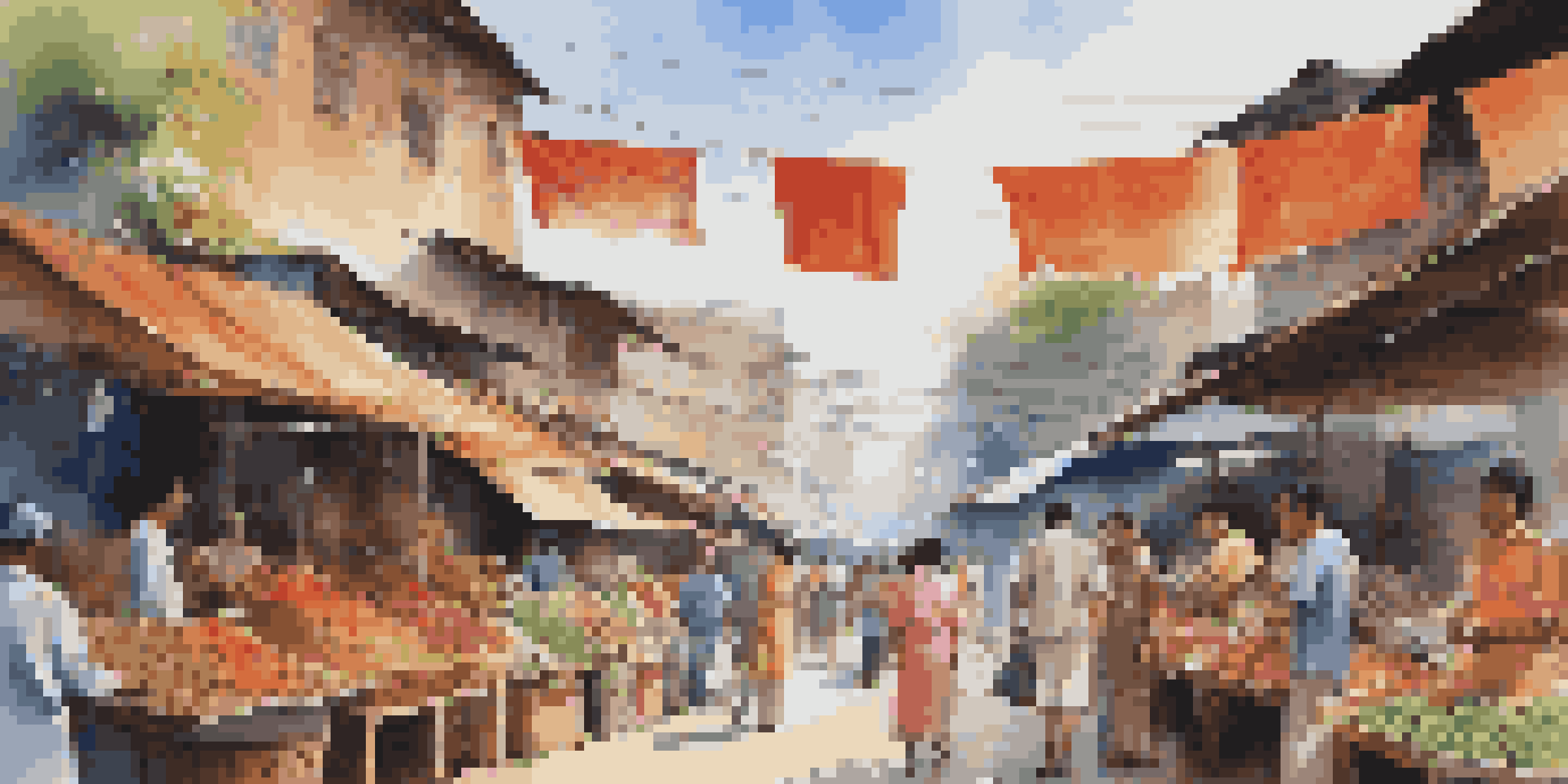 A vibrant market scene in Southeast Asia, featuring colorful stalls, diverse people, and bright blue skies.