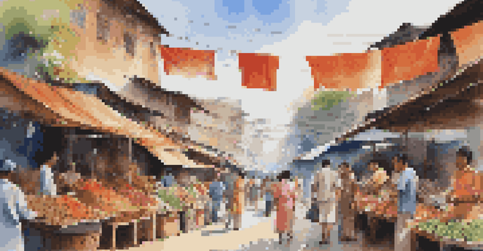 A vibrant market scene in Southeast Asia, featuring colorful stalls, diverse people, and bright blue skies.