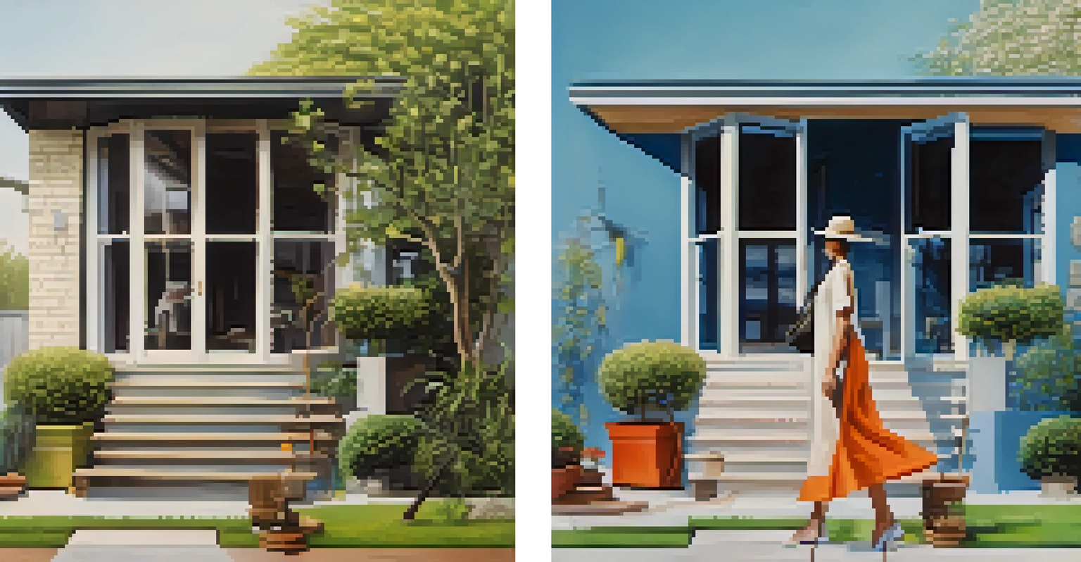 A split image showing a serene family home on one side and a busy renovation scene on the other, comparing long-term and short-term real estate investments.