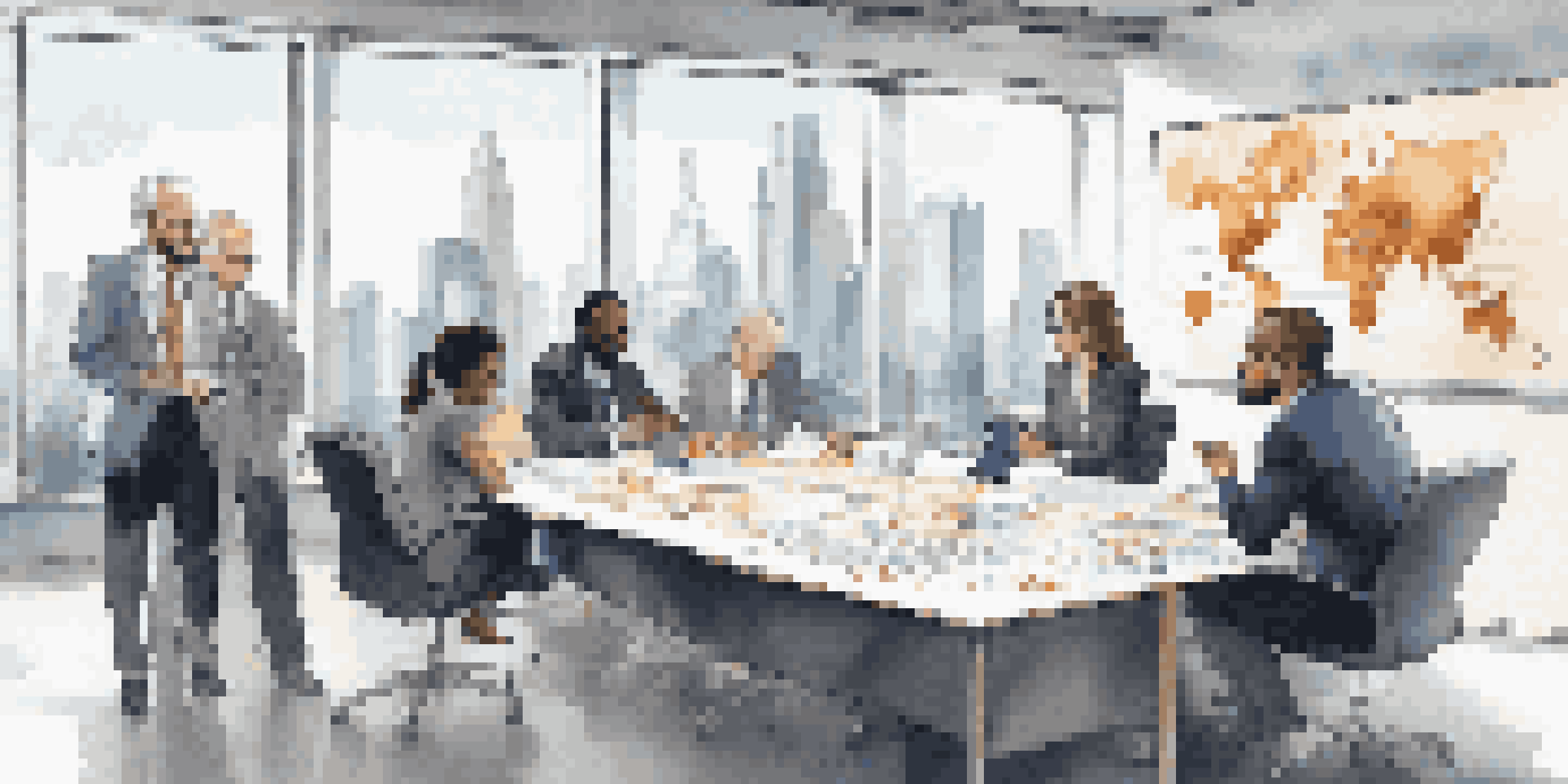 A diverse group of professionals engaged in a financial discussion in a modern conference room, with charts and graphs visible on a screen.