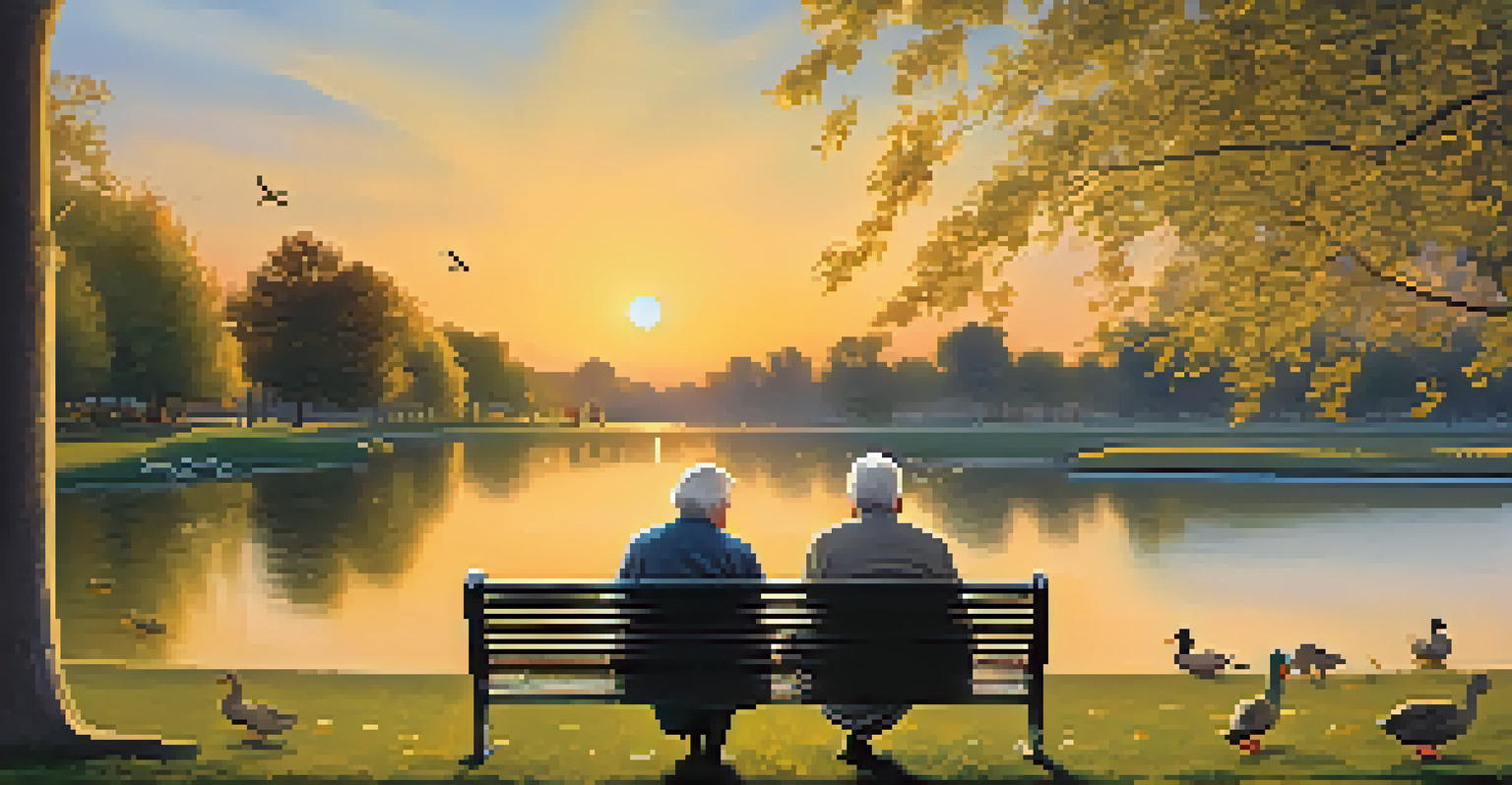 An elderly couple discussing retirement plans on a bench in a park during sunset.