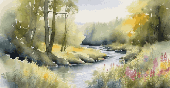 A peaceful river landscape with vibrant flowers and sunlight peeking through the trees.