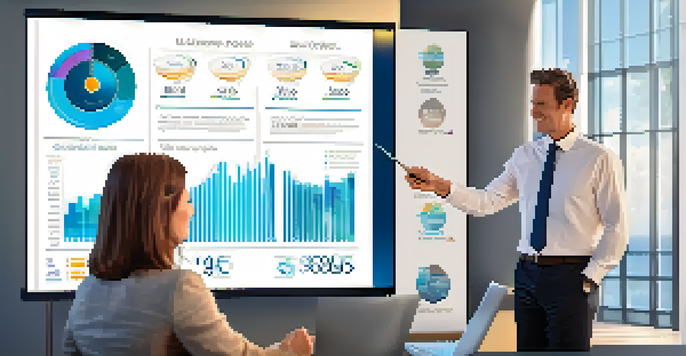 A financial advisor presenting investment strategies on a digital screen to an engaged couple in a modern office setting.