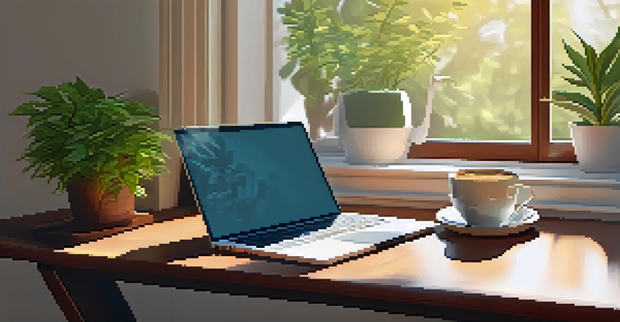 A cozy desk setup with a laptop, notepad, coffee cup, and a sunny window view, ideal for retirement planning.