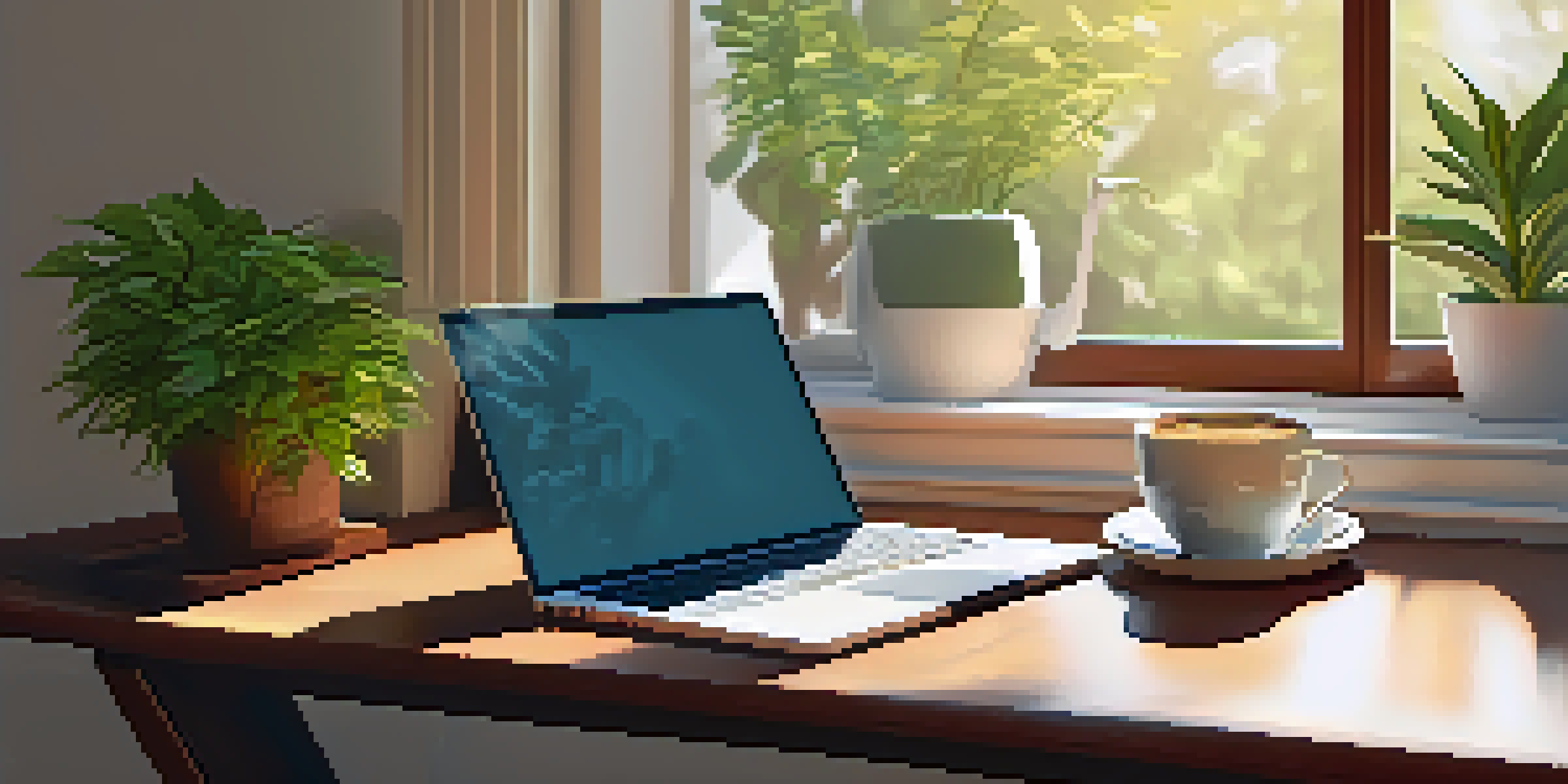 A cozy desk setup with a laptop, notepad, coffee cup, and a sunny window view, ideal for retirement planning.