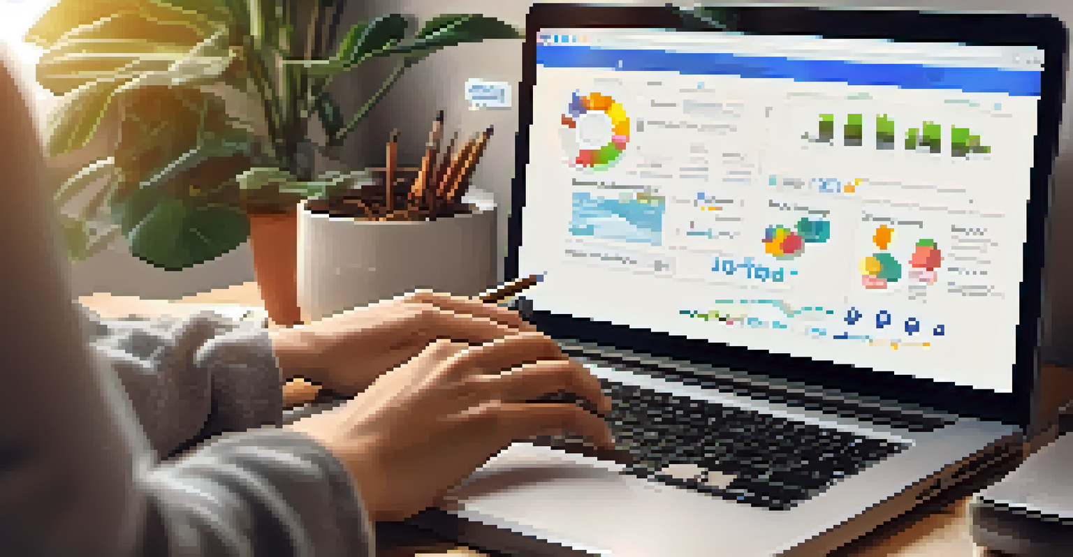 Close-up of hands typing on a laptop surrounded by social media icons and investment graphs in a cozy home office.