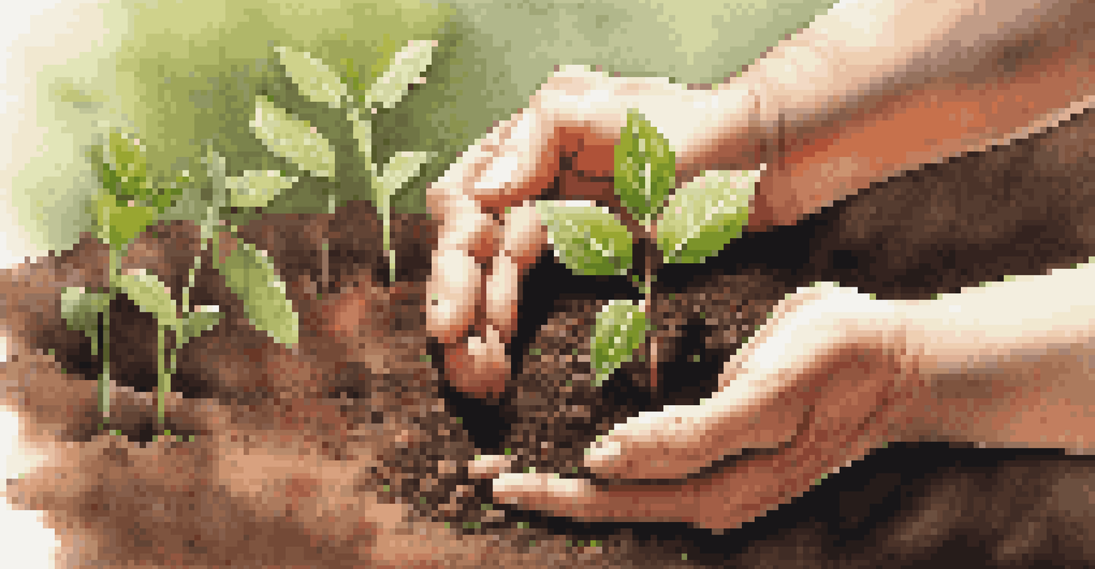 Close-up of hands planting a sapling in soil, highlighting the commitment to environmental sustainability.