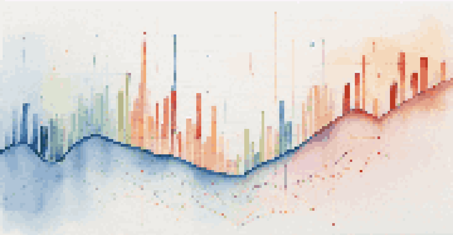 An abstract graph representing an investment journey with colorful ascending lines and icons of coins and stock symbols against a light blue background.
