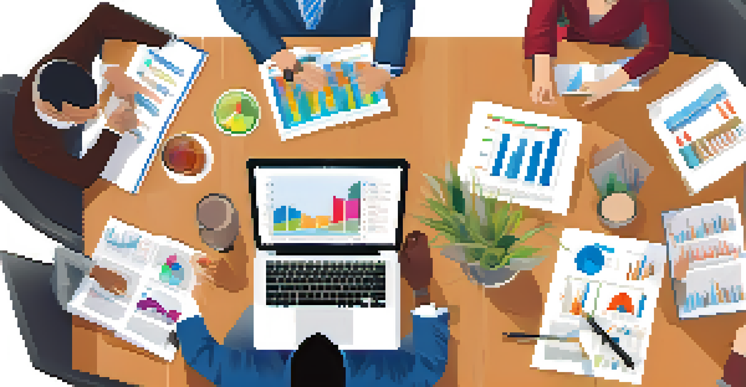 A diverse group of investors analyzing market trends and discussing strategies around a table, with laptops and colorful charts spread out.