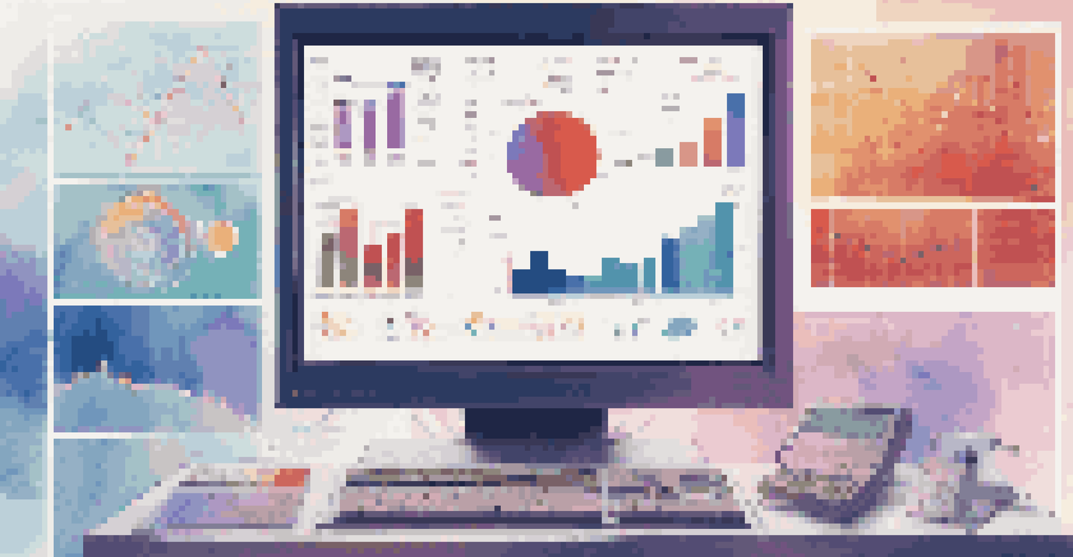 A computer screen showing graphs and charts, surrounded by floating numbers and symbols.