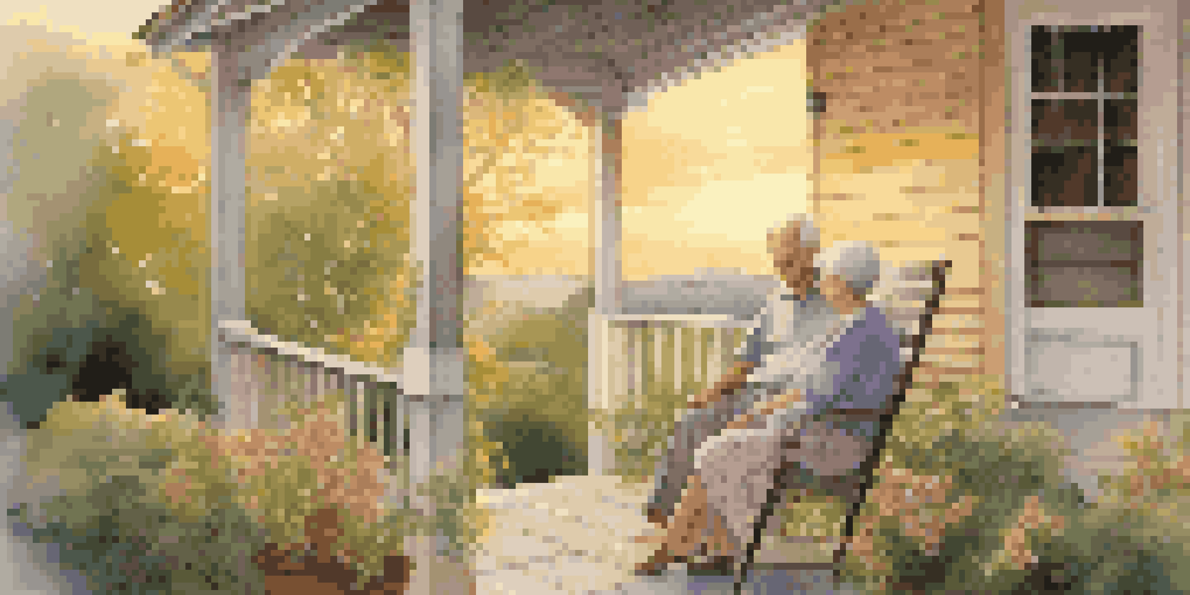 An elderly couple enjoying a sunset on a porch, holding hands surrounded by flowers and greenery.