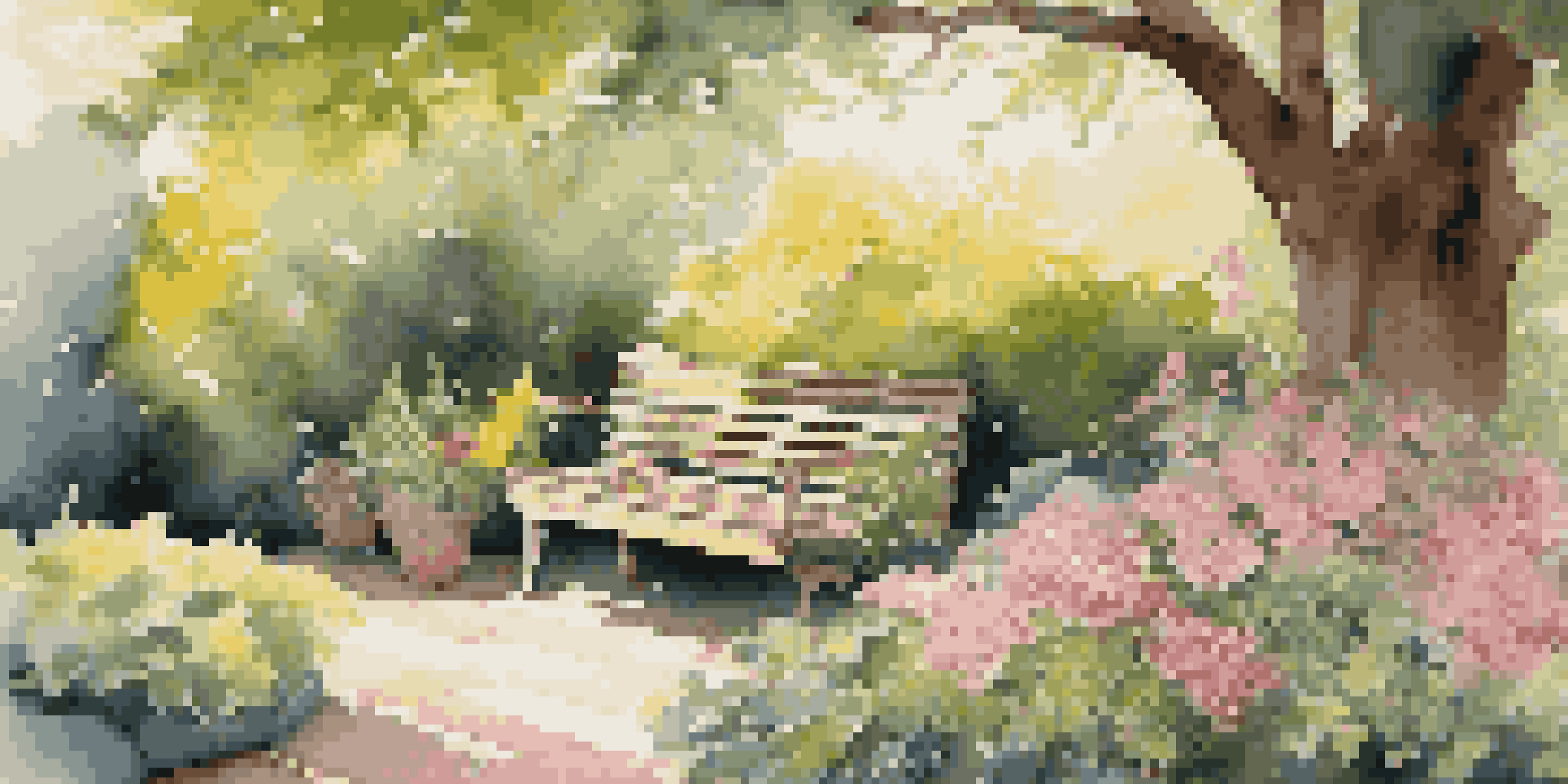 A tranquil garden filled with blooming flowers and lush greenery, featuring a wooden bench under a tree with sunlight filtering through the leaves.