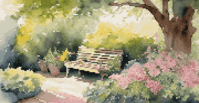 A tranquil garden filled with blooming flowers and lush greenery, featuring a wooden bench under a tree with sunlight filtering through the leaves.