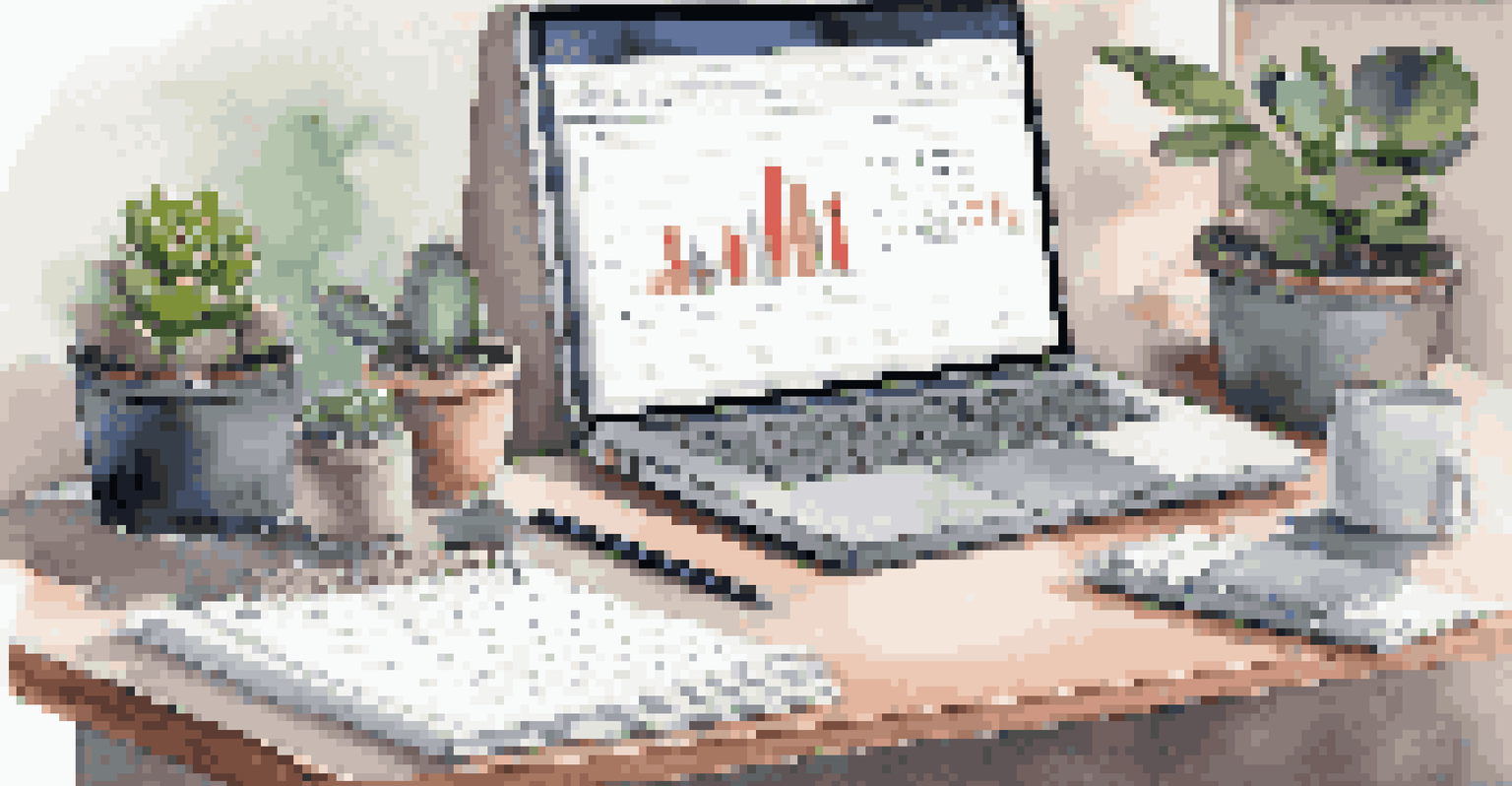 A modern desk setup featuring a laptop with a financial planning spreadsheet, a notebook, and a small plant, in a well-lit environment.