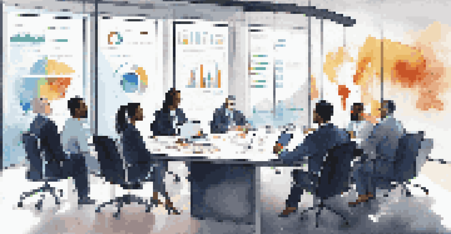 A group of diverse professionals in a bright conference room discussing investment strategies with digital performance charts.