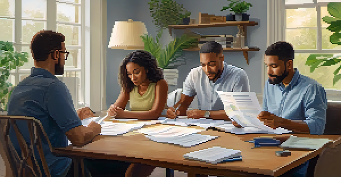 A diverse group of people discussing financial planning in a cozy home office, surrounded by documents and a laptop with graphs.