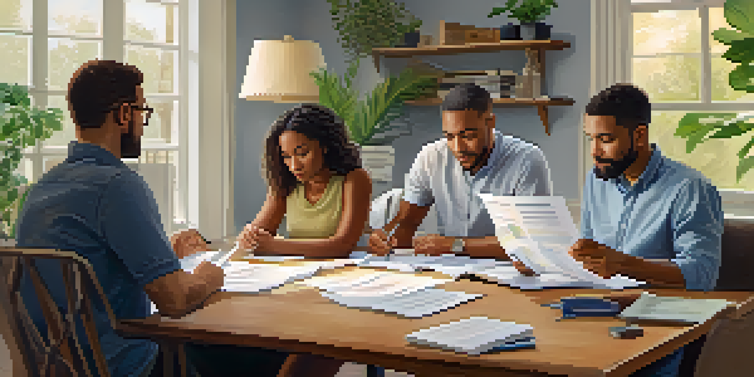 A diverse group of people discussing financial planning in a cozy home office, surrounded by documents and a laptop with graphs.