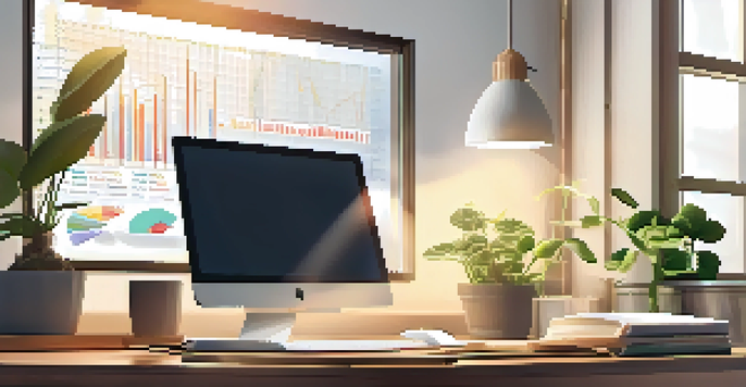 A cozy home office with a wooden desk, laptop displaying financial graphs, a coffee cup, and a potted plant, illuminated by sunlight.