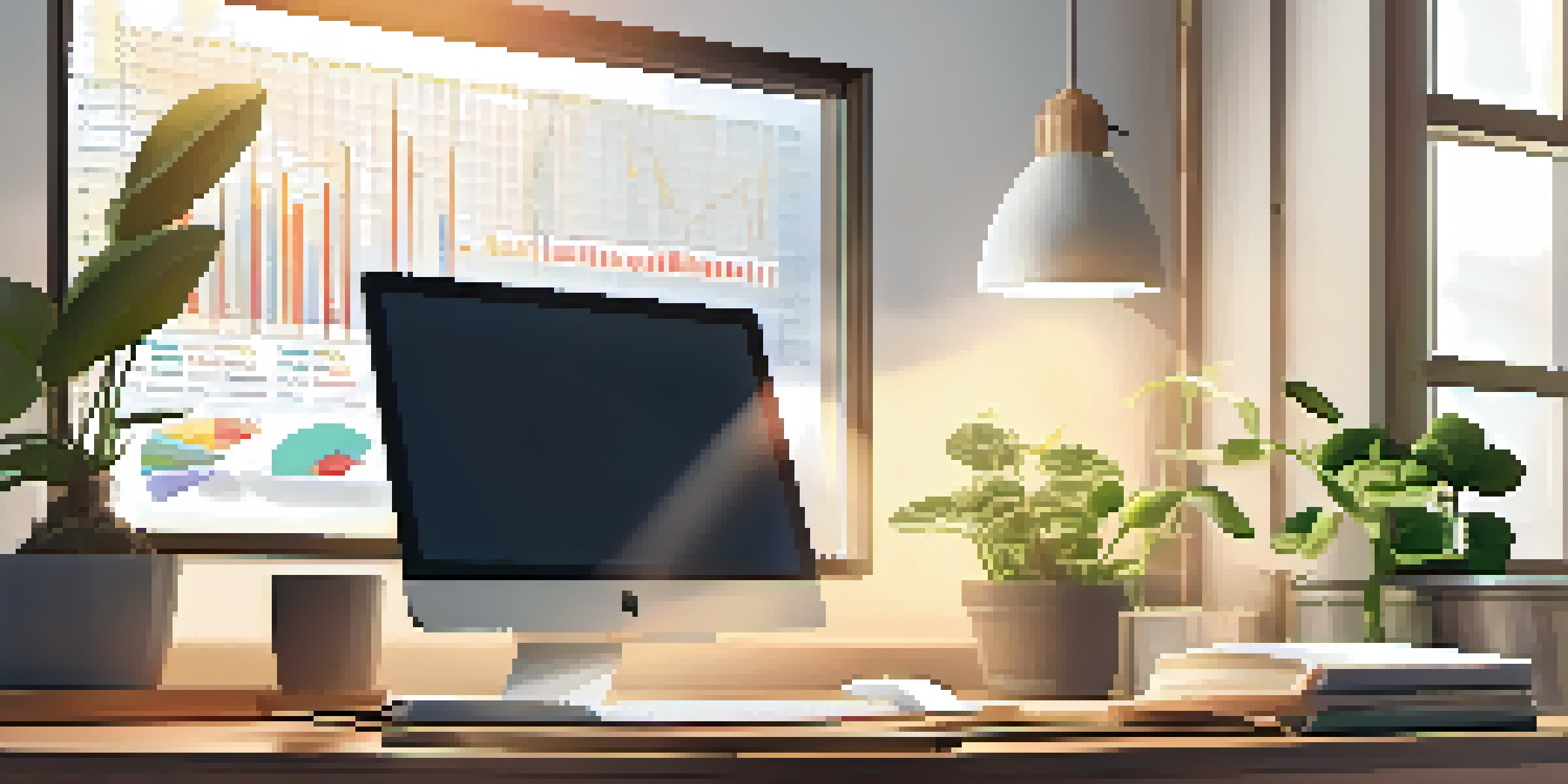 A cozy home office with a wooden desk, laptop displaying financial graphs, a coffee cup, and a potted plant, illuminated by sunlight.