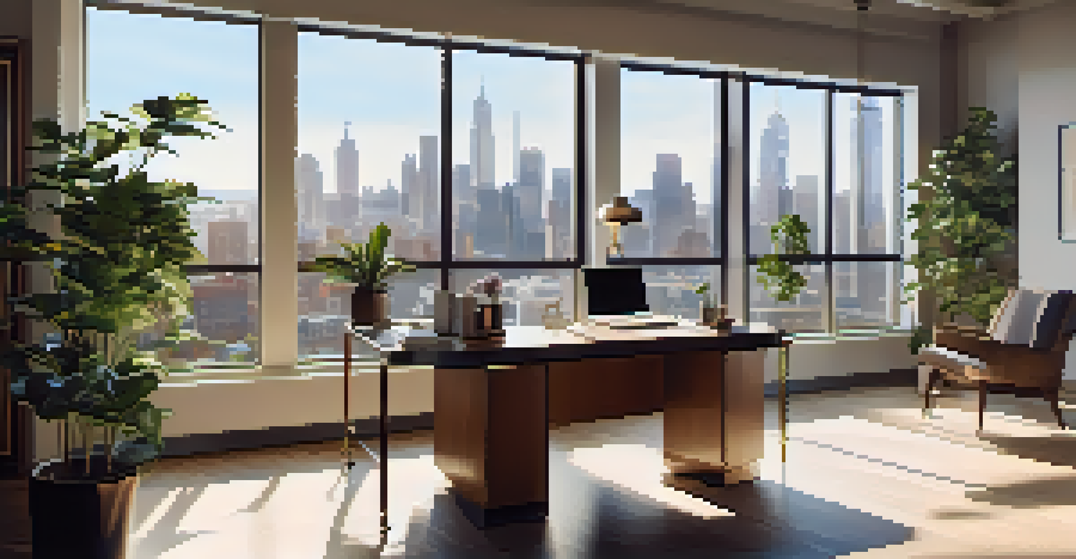 A stylish modern office with a city view and natural light.