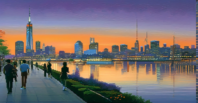 A modern city skyline at dusk with shimmering lights reflecting on a river and people walking along a waterfront promenade.