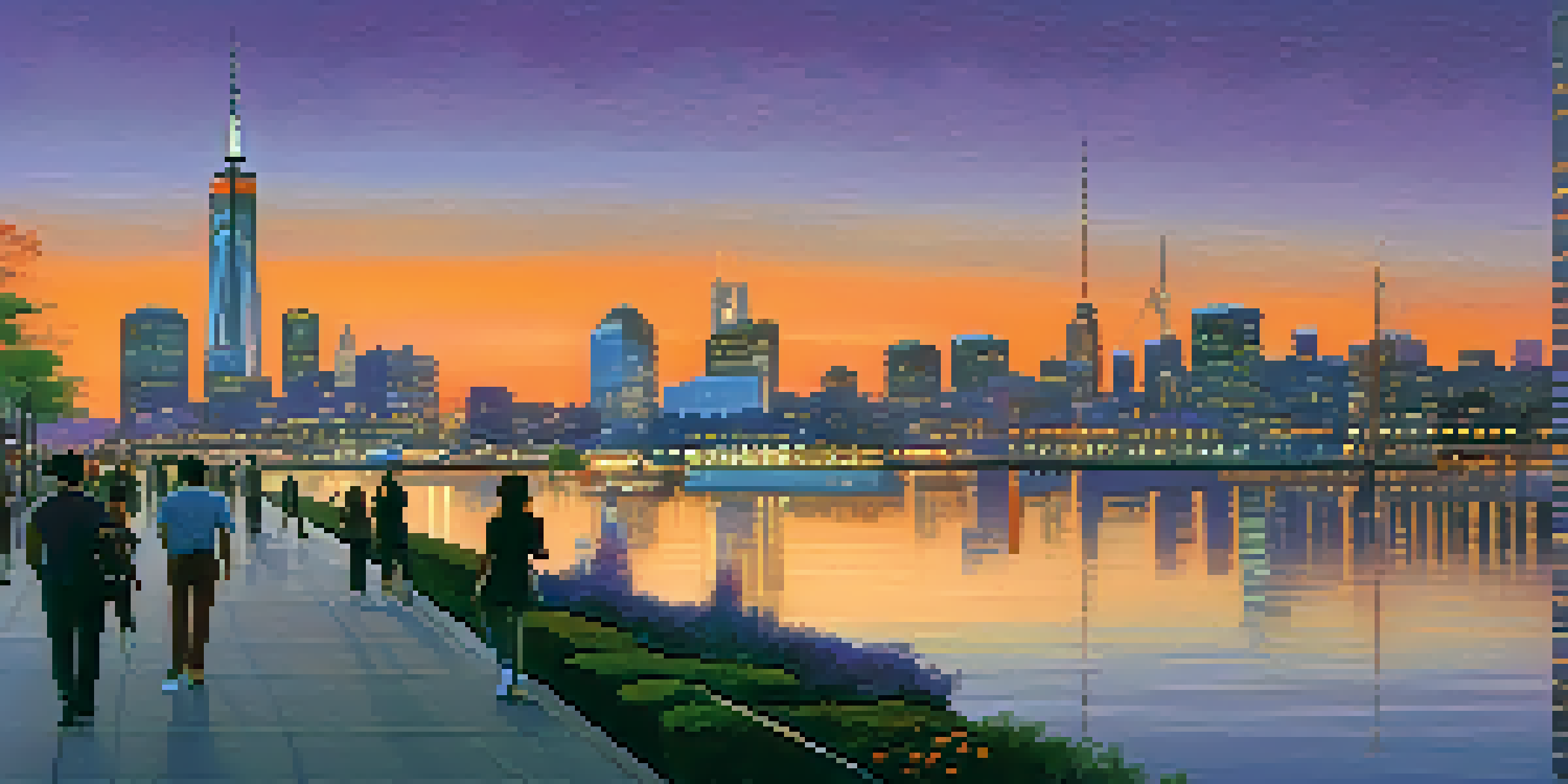 A modern city skyline at dusk with shimmering lights reflecting on a river and people walking along a waterfront promenade.