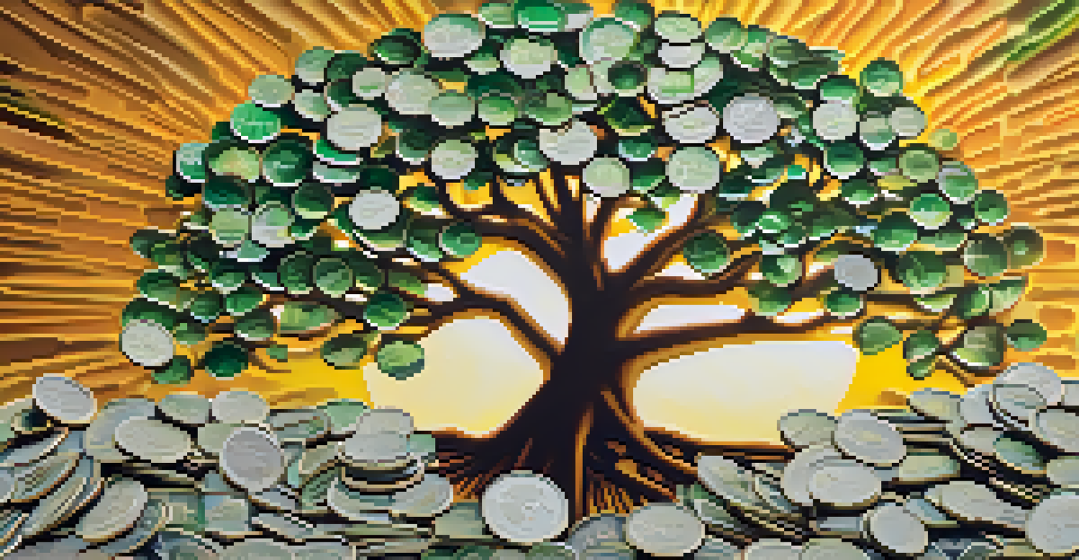 An abstract tree made of coins and banknotes with a sunrise background symbolizing financial growth.
