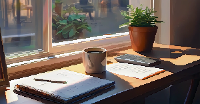 A warm and inviting workspace featuring a laptop with a finance blog, a cup of coffee, and handwritten notes, all bathed in soft morning light.