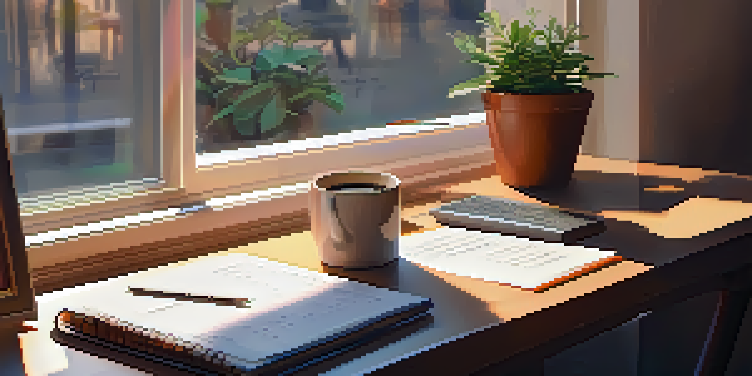 A warm and inviting workspace featuring a laptop with a finance blog, a cup of coffee, and handwritten notes, all bathed in soft morning light.
