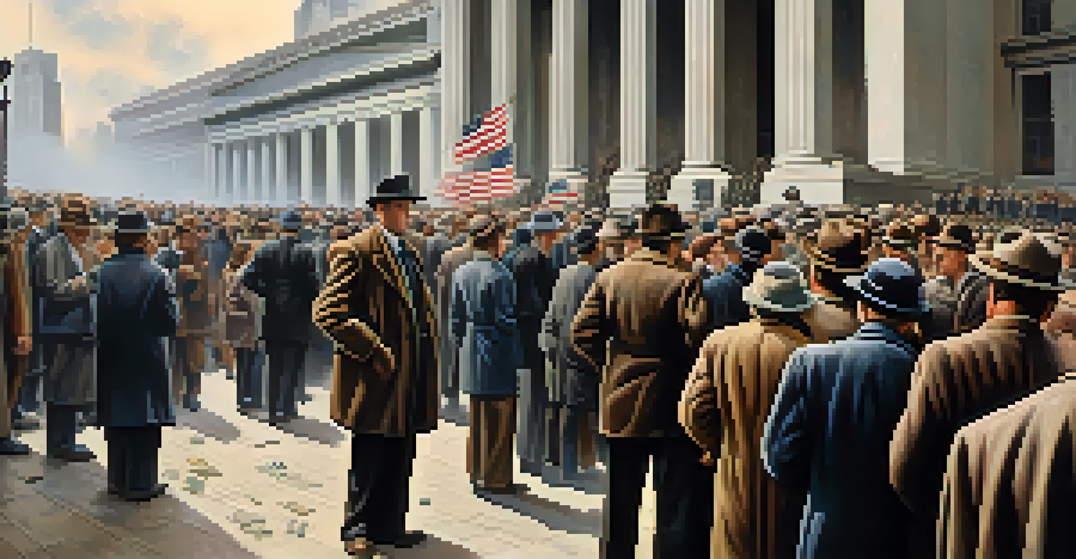 A crowd of anxious investors standing outside a stock exchange during the Great Depression, showcasing fear and uncertainty.
