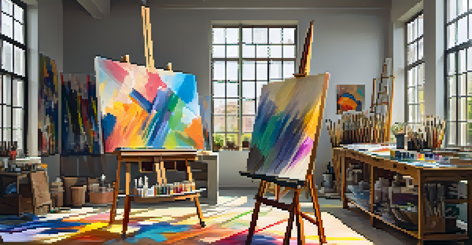 An artist's studio with colorful canvases, paint supplies, and sunlight streaming in.