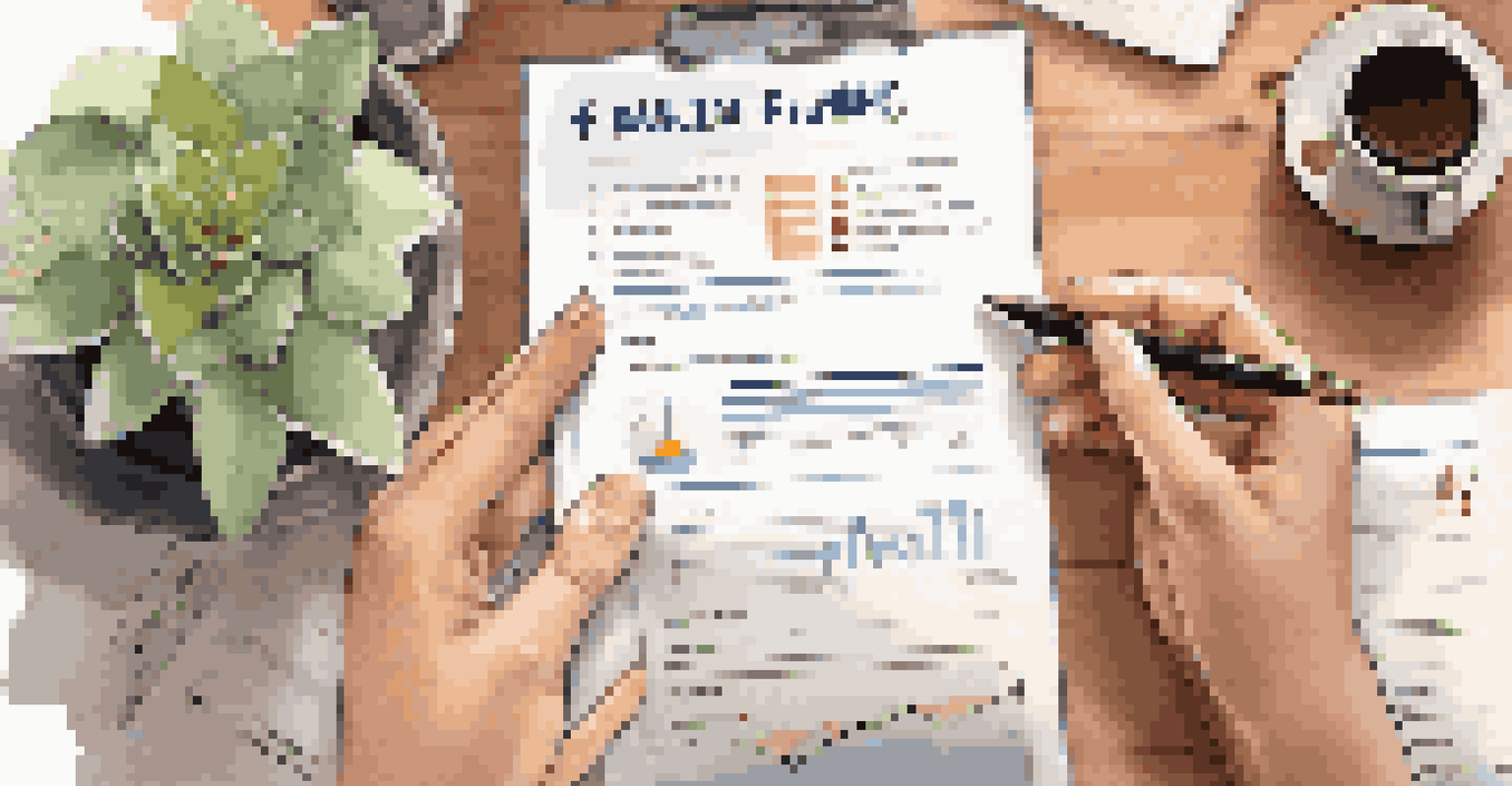 Hands holding a financial planning document with graphs in a cozy home office setting.
