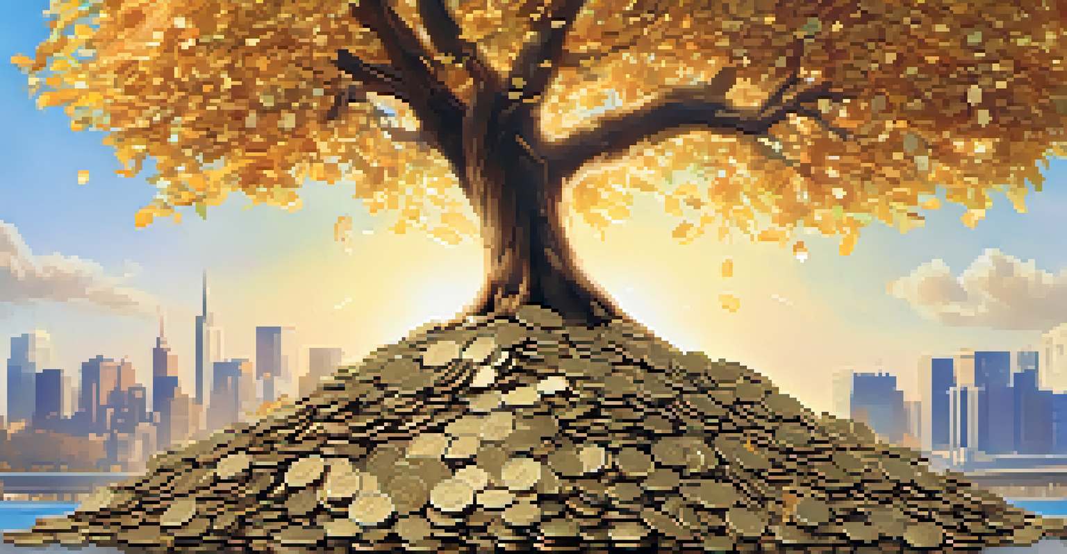 A tree with golden leaves growing from a pile of coins, representing wealth and investment growth, with a city skyline in the background.