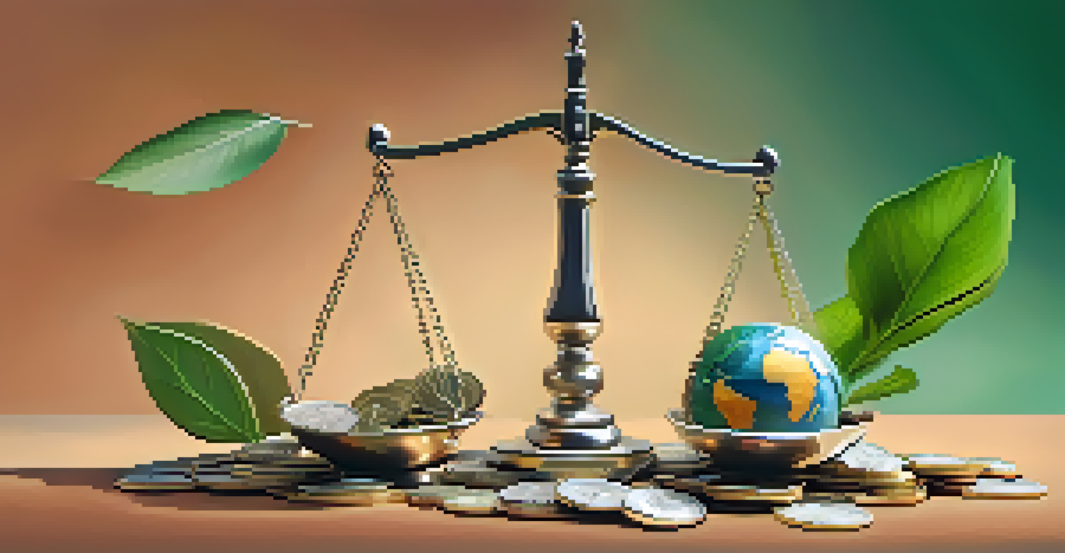An abstract image of a scale balancing money and nature, representing the harmony between financial success and ethical responsibility.