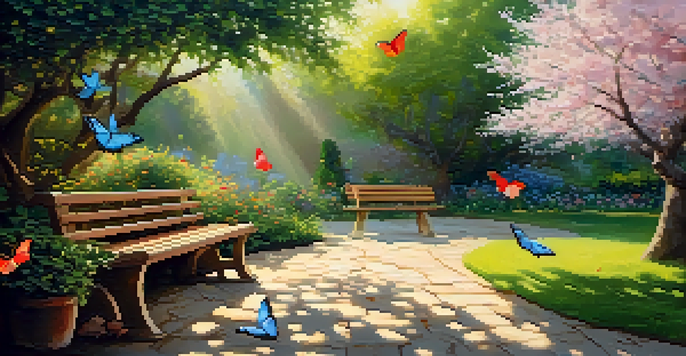 A tranquil garden filled with various flowers and plants, sunlight shining down, with a wooden bench and a cherry blossom tree in the foreground.