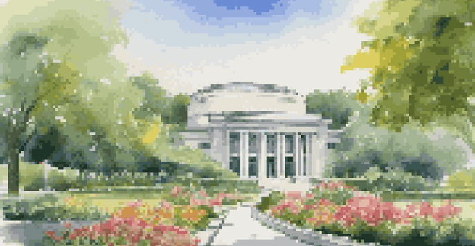 A modern central bank building set in a lush green environment with bright flowers in the foreground and a clear blue sky.