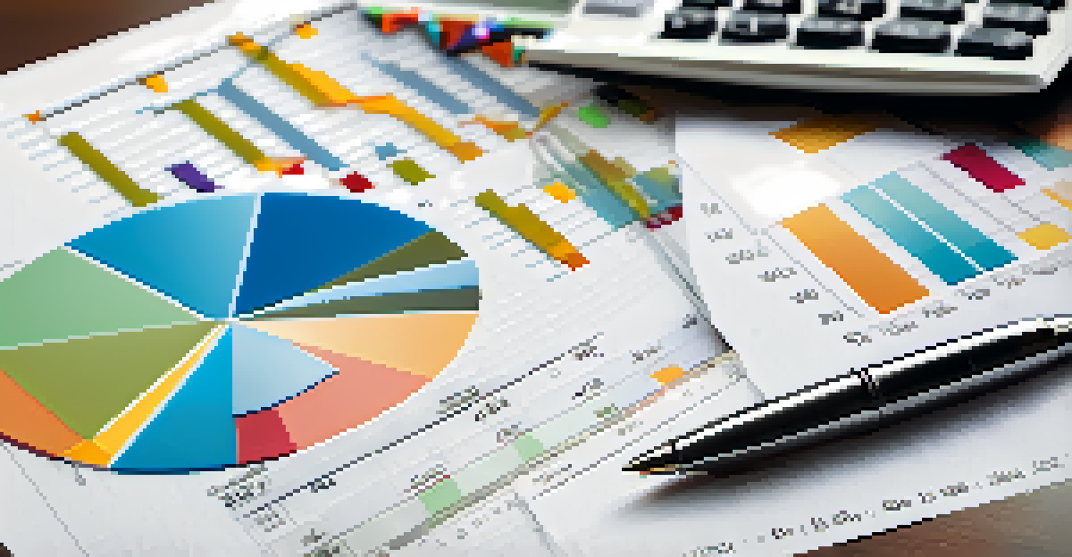 A close-up of a financial analysis report with colorful graphs and charts on a desk, surrounded by a calculator and notepad.