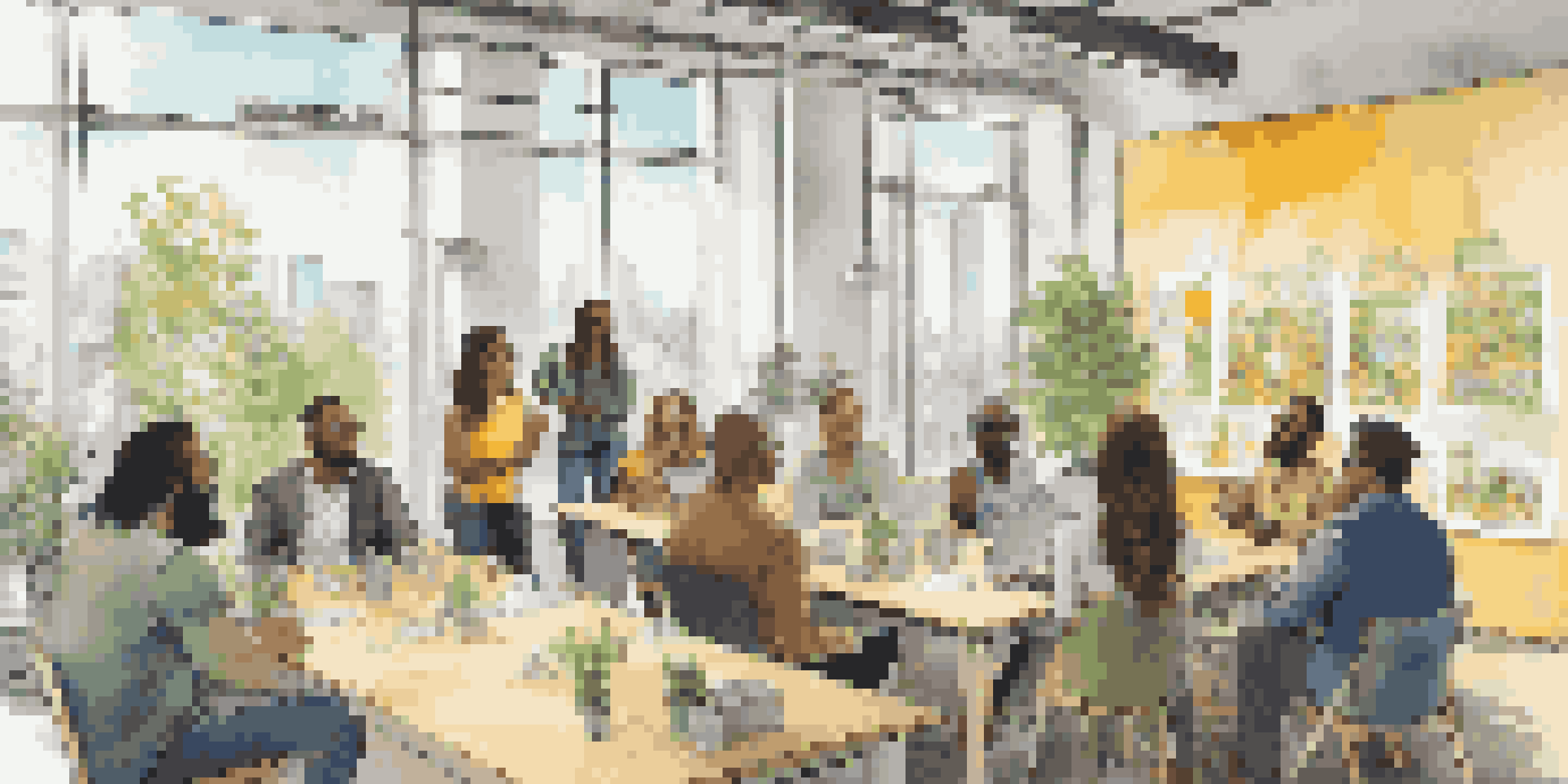 A lively group of entrepreneurs presenting their crowdfunding projects in a bright co-working space, surrounded by colorful posters and prototypes.