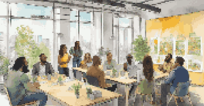 A lively group of entrepreneurs presenting their crowdfunding projects in a bright co-working space, surrounded by colorful posters and prototypes.