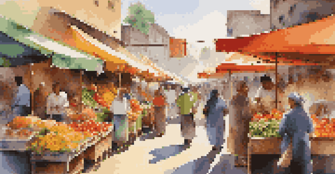 A lively outdoor market filled with colorful stalls and diverse people shopping for fresh produce and handmade items under warm sunlight.