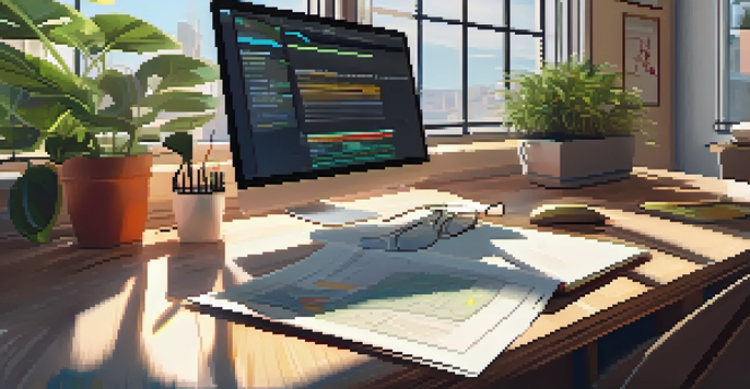 A serene office space with a wooden desk, laptop, indoor plants, and a SWOT analysis chart on the wall illuminated by sunlight.