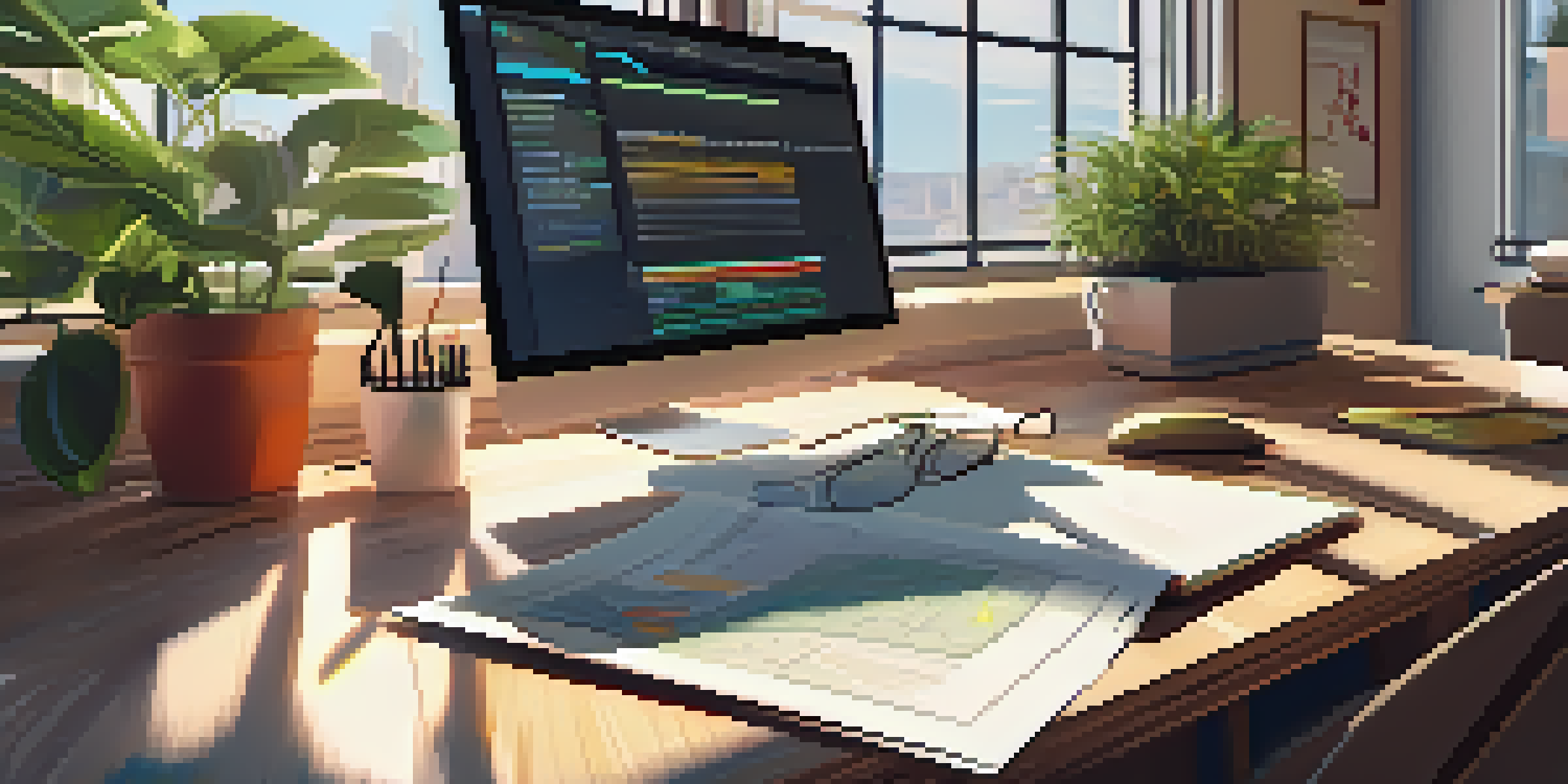 A serene office space with a wooden desk, laptop, indoor plants, and a SWOT analysis chart on the wall illuminated by sunlight.