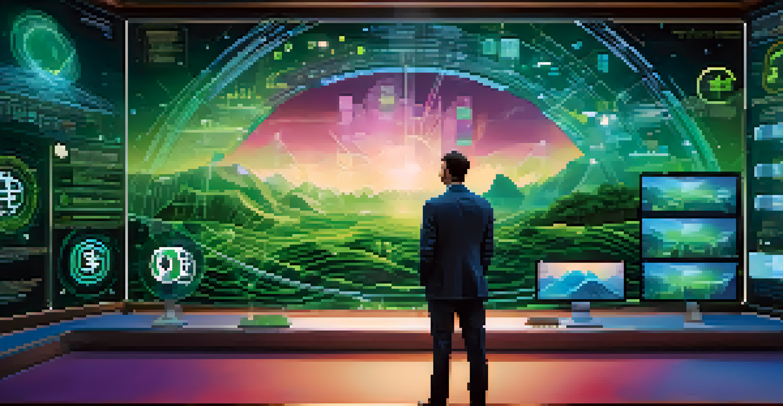 A digital landscape with blockchain symbols and green energy icons, depicting the future of finance and ethical considerations.