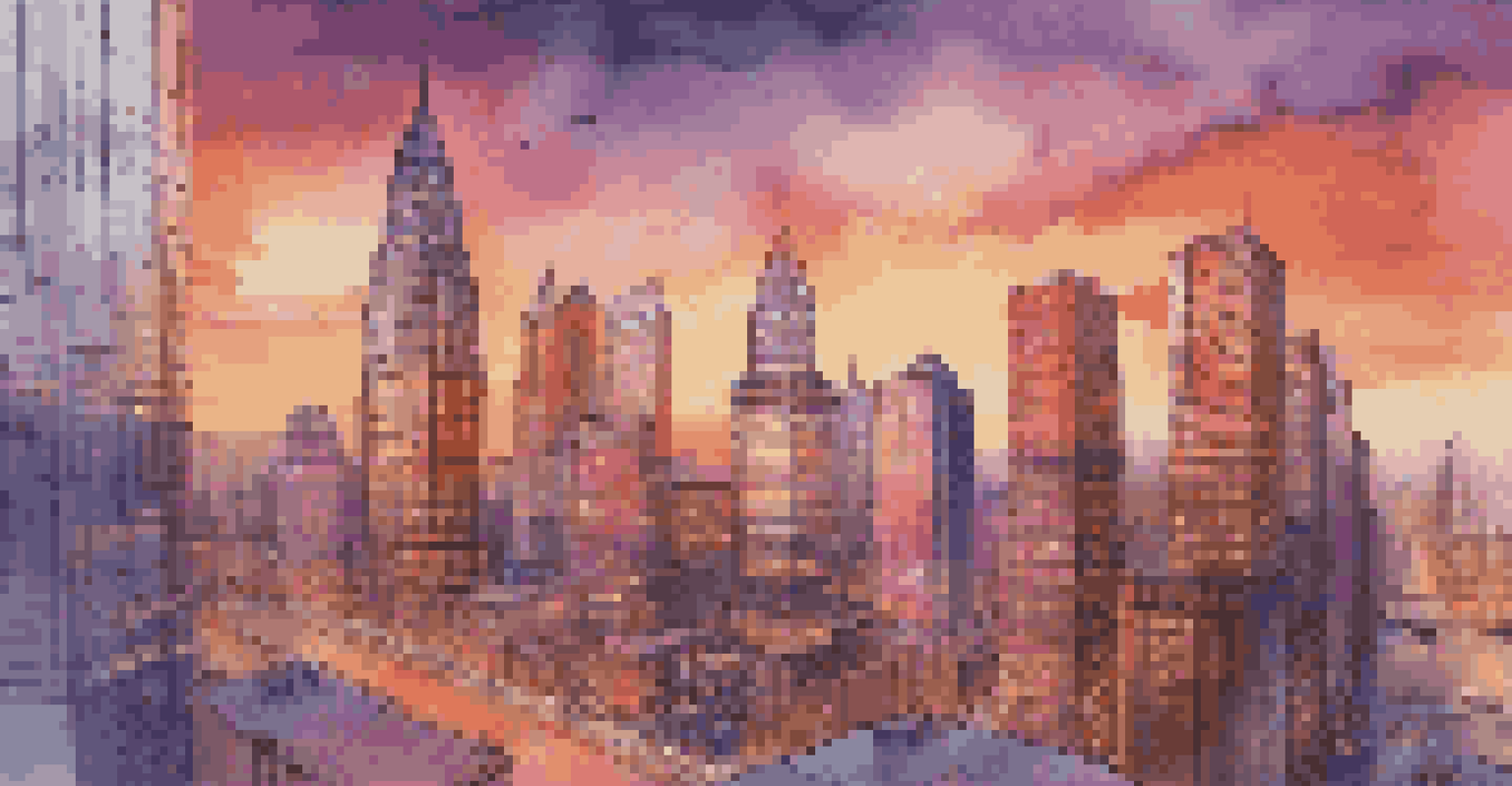A vibrant urban skyline at sunset with diverse professionals discussing investment strategies in the foreground.