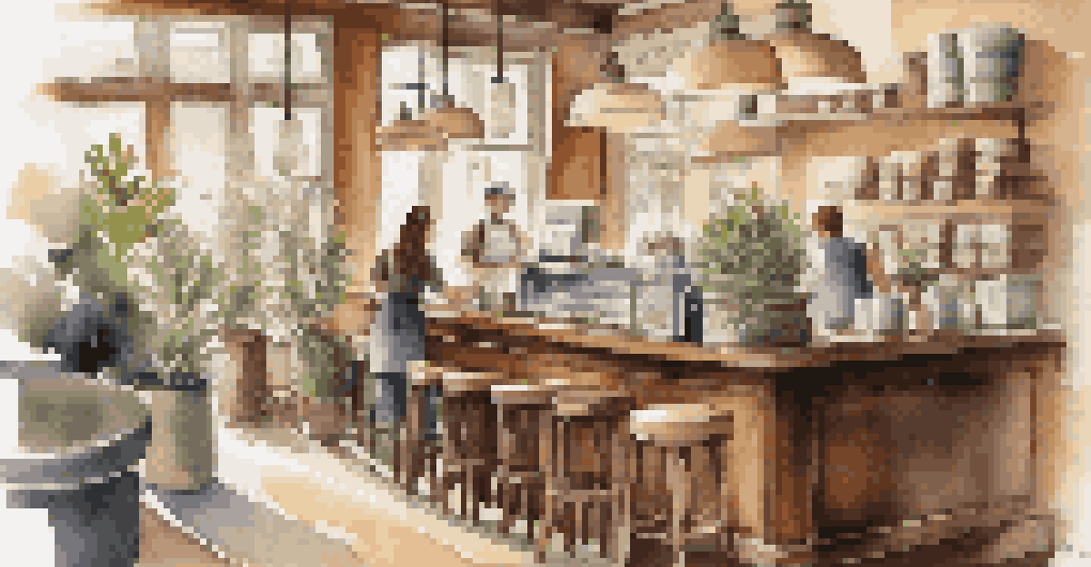 Cozy coffee shop interior with wooden furniture and natural light.