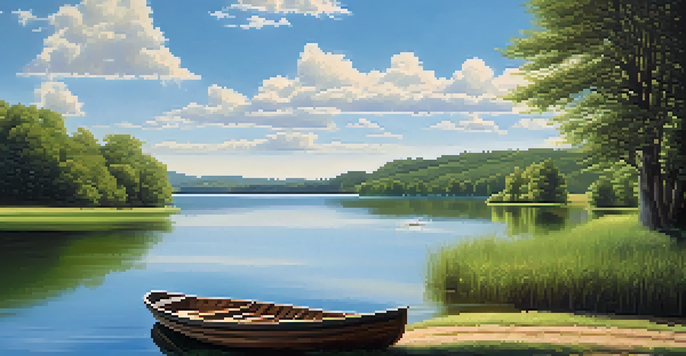 A tranquil lake scene with green hills and a bright blue sky, featuring a small boat on the water.