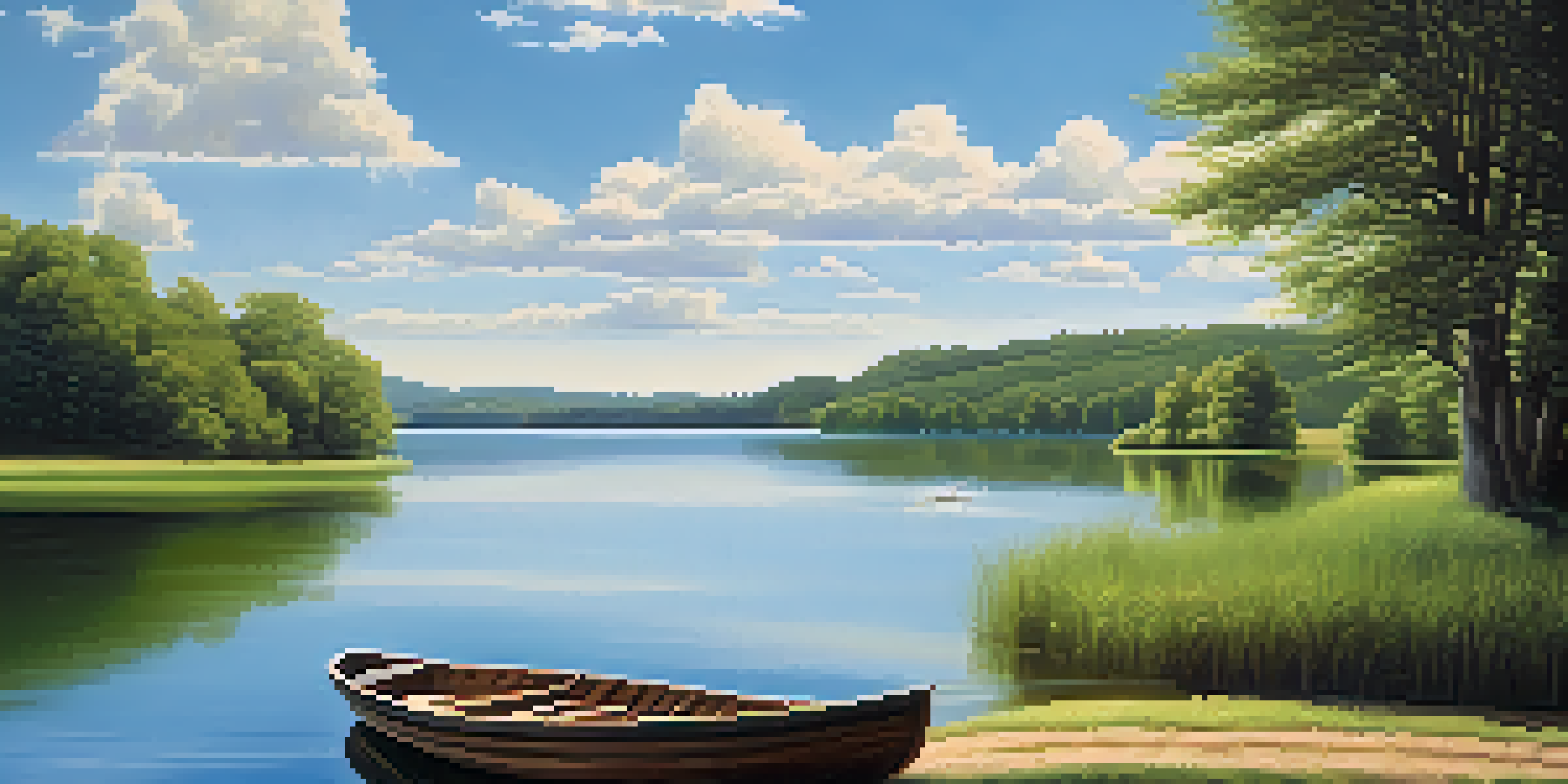 A tranquil lake scene with green hills and a bright blue sky, featuring a small boat on the water.