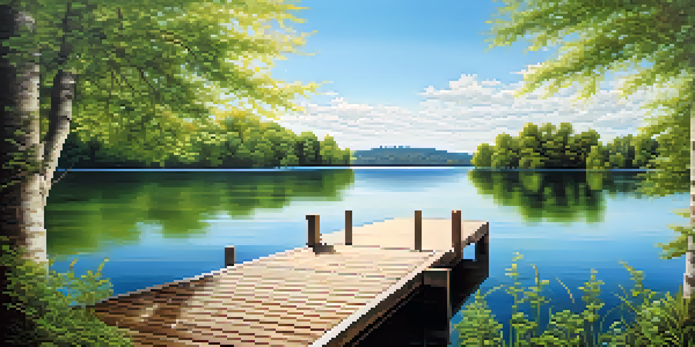 A calm lake with green trees and a wooden dock under a sunny blue sky.
