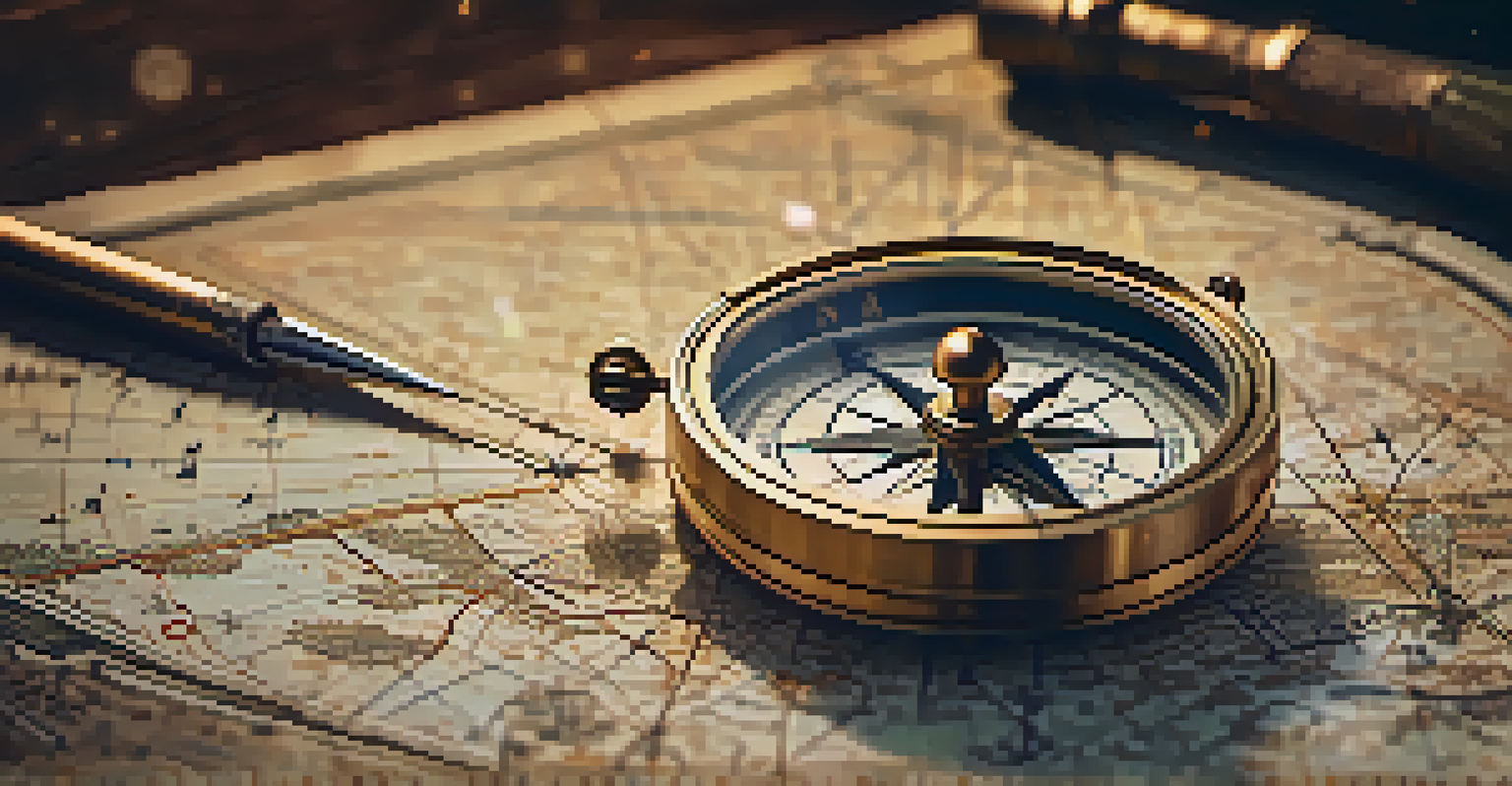 A close-up of a vintage compass on an old map, with a blurred background of stars and constellations.